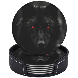 Leder-Untersetzer für Getränke, schwarz-rote Augen, Wolf, Getränkeuntersetzer-Set mit Halter, Trinkuntersetzer-Set für Arten von Tassen, ästhetischer Tischschutz, Untersetzer für Heimdekoration,