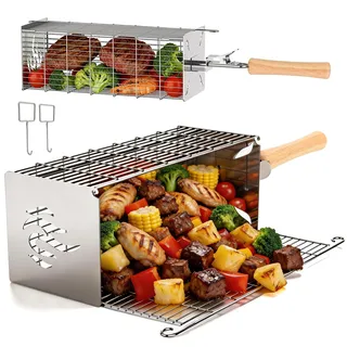 2er Set Grillkorb Quadratisch, Abnehmbarer Holzgriff, Grillkorb Edelstahl 304, Großes Volumen, Outdoor Grill, BBQ Zubehör für Gemüse, Fleisch, Gasgrill, Camping, Garten | Geschenk für Männer, Papa