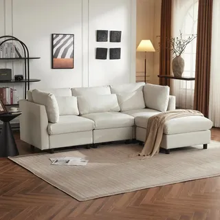Merax Ecksofa, L-Form Sofa mit Schlaffunktion, 3-4 Sitzer Wohnzimmersofa, Couch, Bettsofa, Couchgarnitur, Linen, Beige - Beige