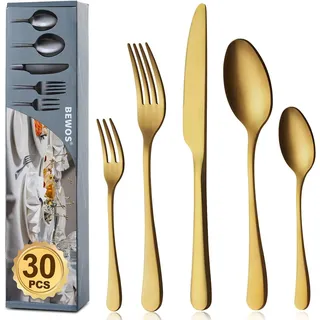 BEWOS Besteck Set für 6 Personen, 30 teilig Titanium Gold Essbesteck Set inkl. Messer, Gabel, Löffel, Besteck Edelstahl, Spülmaschinenfest (Matt Gold)