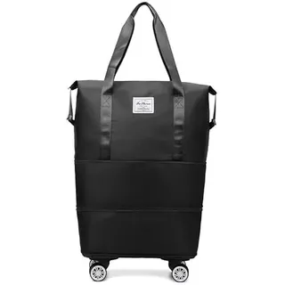 viriech Faltbare Reisetasche mit Rollen, erweiterbares Handgepäck mit abnehmbaren Rollen, Damen Weekender Tasche, Travel Handgepäck mit Nassfach für Sport, Fitness & Reisen (Schwarz)