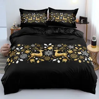 Luowei Bettwäsche 155x220 3tlg Schwarz Weihnachten Rentier mit Kissenbezüge, Mikrofaser