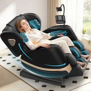 Gegcucey Ganzkörper Massagesessel mit Rollen & Airbags für Massage, Zero Gravity mit Bluetooth Lautsprecher und Touchscreen, Heizfunktion für Taille & Beine, mit Fußmassage für Hause/Büro (Schwarz)