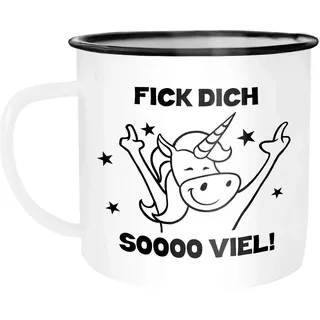 MoonWorks Emaille Tasse Becher Böses Einhorn Fick dich so viel Spruch Kaffeetasse Bürotasse Kaffeetasse Weiss-schwarz unisize