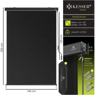 Kesser Senkrechtmarkise Außenrollo 140 x 250 cm Schwarz