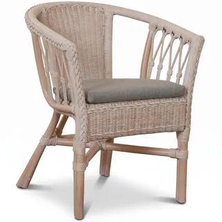 Korb-Outlet Stapelbarer Rattan-Sessel/Stuhl aus Natur-Rattan inkl. Polster in der Farbe Vintage Weiß