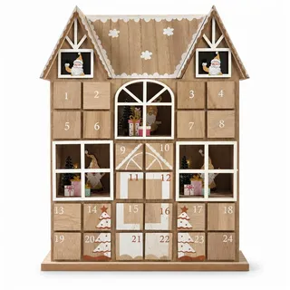 INtrenDU Adventskalender aus Holz zum Befüllen LED-Haus 37 cm