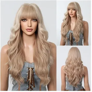 birene Echthaarperücke Perücke Damen Langes Haar Lockiges Haar Doppelte Farbe Optional Qi Bangs Big Wave Fashion Highlight Dye Whole Top Hair Set Perücken Perücken für Frauen(Brown)