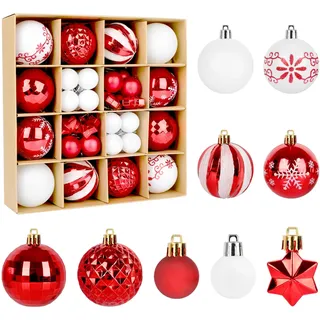 ZALAON Weihnachtskugeln Rot Weiß Kunststoff,44 Stück Weihnachtsbaumkugeln Christmas Balls Weihnachtsbaumkugeln mit Aufhänger, Weihnachtsbaumschmuck Weiß Rot für Weihnachtsdeko