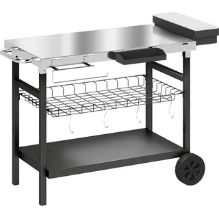 Outsunny Servierwagen für Garten mit 3 Ebenen, Edelstahl-Arbeitsfläche, abnehmbarem Korb, offenen Regalen, Gewürzbox, 2 Rädern, 4 Haken, seitlichem Griff, Grillwagen für Plancha, Schwarz   Aosom
