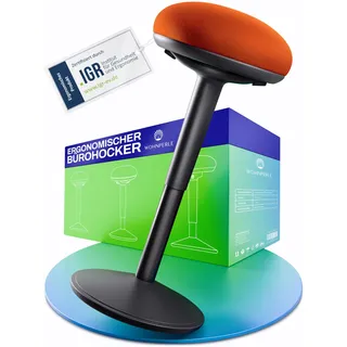 Wohnperle Bürohocker ergonomisch [Zertifiziert] 2in1 Sitzhocker & Stehhocker höhenverstellbar | Ergonomischer Hocker Schwarz für Büro und Schreibtisch - Wackelhocker + Pendelhocker (Vulcano Orange)