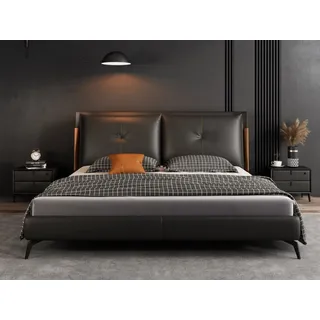 mukuhi Lederbett Polsterbett Echtleder 180x200 cm mit gepolstertem Doppelkopfteil schwarz