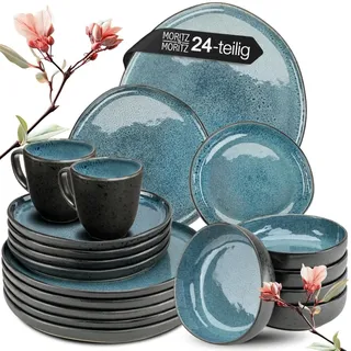 Moritz & Moritz Steingut Geschirrset 6 Personen mit Tassen - 24-teiliges Geschirr Set - Teller Set bestehend aus 6x Dinnerteller, Dessertteller, Suppenteller und Tassen - Serie Organic