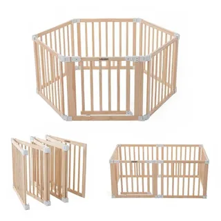Laufgitter Baby faltbar aus Holz 172 x 86 cm – Baby Laufstall mit Tür, 6 Paneelen und Saugnäpfen, stabiler Spielbereich für Babys