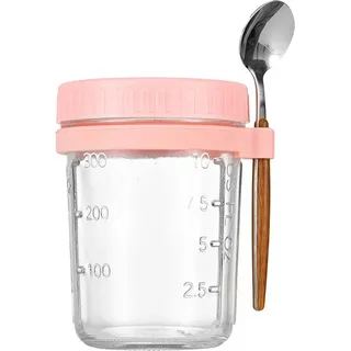 350 ml Overnight Oats Becher mit Löffel und Deckel, auslaufsicherer Frühstücksbehälter aus Glas für Haferflocken, Salat, Joghurt, umweltfreund... - Rosa