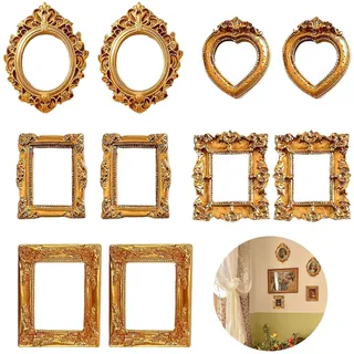 MustuVerve 10 Stück kleine Bilderrahmen mini, Mini Bilderrahmen Vintage Gold Set Kleine Barock Rahmen für Fotos Harz Antik Optik für Wand Deko Bastelnfür Wand Deko Basteln Enthält Oval Herz Quadrat