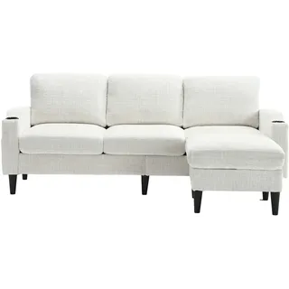 Beiges 4-Sitzer Sofa mit Hocker Chenille Bezug modular Stauraum Armlehnen Getränkehalter Seitentaschen 70x190cm