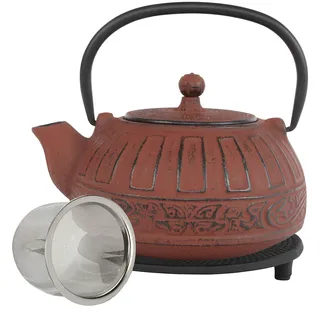 teeblume | gusseiserne Teekanne Puyang | Gusseisen-Teekanne mit Sieb | 0,8 Liter | inkl. gratis Untersetzer in schwarz | Teekessel innen komplett emailliert | rot