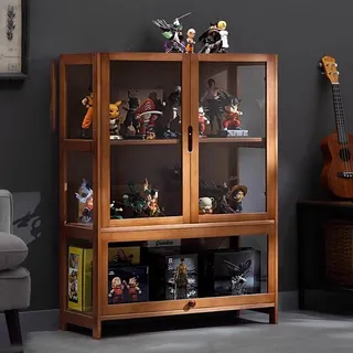 KUYATE Glasvitrine, antiker Vitrine mit Glastür, antiker Schrank, Vitrine, natürlicher Bambusrahmen, Einzel-/Doppeltür-Design, praktische Aufbewahrung, 80 x 32 x 106 cm, Braun