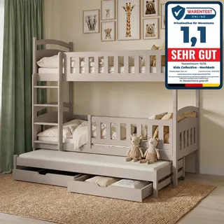 Kids Collective Hochbett 90x200 Etagenbett Kinderbett Jugendbett Stockbett 3 Kinder, zwei Schubladen & Rausfallschutz Kinder Bett umbaubar in 3 Ein... - Grau
