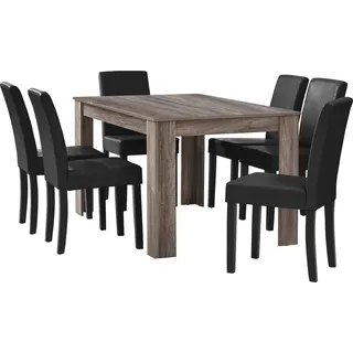 [en.casa] Esstisch Eiche antik mit 6 Stühlen schwarz Kunstleder gepolstert 140x90 Essgruppe Esszimmer