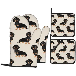 Hitzebeständige Ofenhandschuhe und Topflappen, 4er-Set, Dackel, bedruckt, rutschfest, wasserdicht, für Backen, Kochen, Grill, 4 Stück