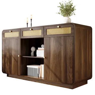 OKWISH Sideboard Kommode Nussbaum 120x40x85 cm mit 3 Schubladen 2 Schrankfächern offenem Regal Rattanfronten goldfarbenen Griffen höhenverstellbar