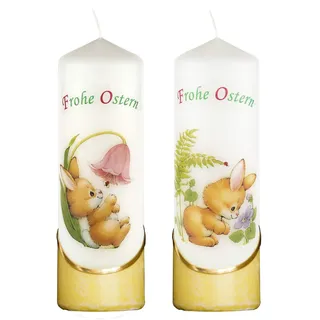 Meissner-Handel Auswahl * 2 Stück Osterkerze Stumpenkerze Osterdeko * 6 x 18 cm * mit farbigen Wachs- und Bildauflagen * Auswahl Motiv + Farbe * gelb * (Serie 1 - Set 01/02)