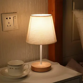 SXYSXYSXY LED Tischlampe Vintage Holz Nachtlicht 3000K Dimmbar Tischleuchte mit Dimmschalter Klassisch Schlafzimmer Nachttischlampe Stoffschirm fur Wohnzimmer Kinderzimmer H27*D15CM,A