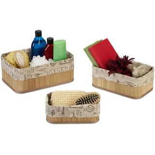 Relaxdays Aufbewahrungskorb 3er Set, Bambus, Stoffbezug im Vintage-Design, 3 Größen, Kosmetik & Handtücher, natur/beige