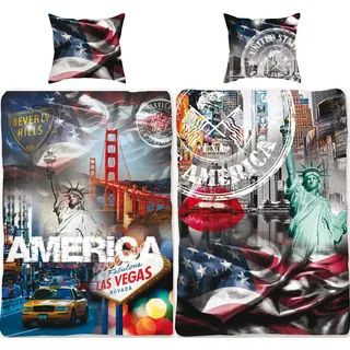 USA Bettwäsche-Set Stars and Stripes 135x200 + 80x80 cm 100% Baumwolle Amerika Bettbezug Blau Weis Rot New York Taxi Las Vegas San Francisco Stern-e Sternchen 2 Motive deutsche Größe Reißverschluss