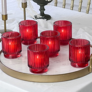 Kate Aspen Vintage Gerippte Teelichthalter aus rotem Glas (6 Stück), Herbstdekor, Boho-Dekor, Regaldekoration (27206RD)
