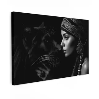 MuchoWow© Wandbilder Groß XXL Schlafzimmer Home Deko Wohnung Bild | 120x80 cm - Wohnzimmer Fotoleinwand Wand Bilder Leinwand Wall Decor Frau - Panther - Tiere - Schwarz und weiß - Porträt
