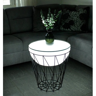 Arnusa Couchtisch LED Beistelltisch beleuchtet rund Korbtisch Metall 50x56 cm, Tisch mit Fernbedienung kabellos nutzbar RGB+W Lounge weiß
