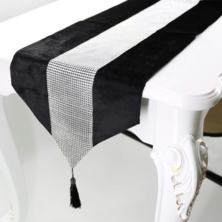 Deggodech Luxus Samt stilvolle atmosphäre minimalistischen modernen Diamanten Tischläufer/Tischdecke Couchtisch Tuch und Zwei Quasten (32 x 185 cm) (Schwarz)