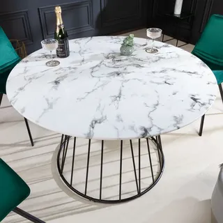 riess-ambiente Runder Esstisch PARIS Ø120cm weiß Marmor-Design Glas schwarzes Metallgestell Esszimmertisch Tisch - Weiß