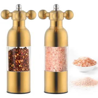 TEAHAHA 2 Stück Edelstahl Salz und Pfeffermühle Set mit Keramikmahlwerk - Stufenlos Verstellbares, Pfeffer und Salzmühle, Gewürzmühle, Salt & Pepper Grinder (Gold)