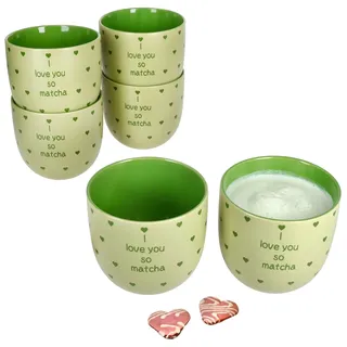 MamboCat 6er Set I Love Matcha Becher I 370 ml I grüne Steingut-Tassen ohne Henkel mit Herzen & Schrift I 6 Personen I für Matcha-Tee, Matcha Latte, Matcha Smoothie & Co