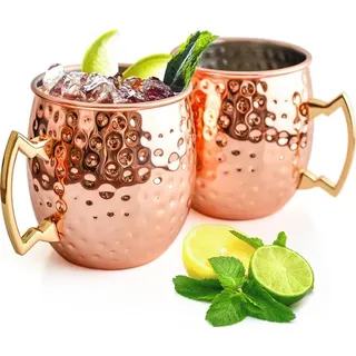 2er Set Moscow Mule Becher 500ml Kupferbecher Gehämmert mit Griff – Handgefertigte Cocktailbecher für Cocktails, Longdrinks & Kalte Getränke - Kupfer