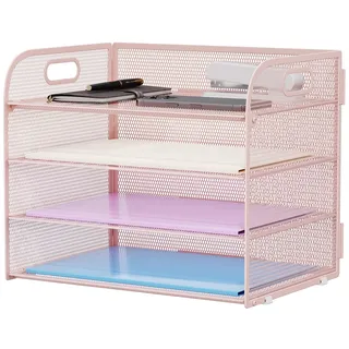 Marbrasse Schreibtisch Ablagen Organizer,4-Stufige Brief Papier Ablage mit Griff,Metall Gitter Design für Schreibtisch,Büro,Hause,Aufbewahrung für A4 Dateien und Dokumenten(Rosa)