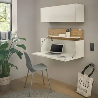 Homeoffice Set weiß mit Eiche 2-teilig modern, 1 Sekretär, 1 Hängeschrank