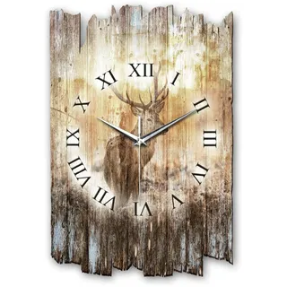 Kreative Feder Designer Wanduhr „Hirsch“ aus Holz 40x27cm im Shabby Style Design - Designeruhr mit flüsterleisem Uhrwerk ohne Ticken (Hirsch, leises Quarzuhrwerk)