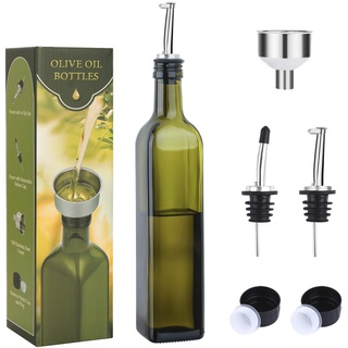 Aozita Olivenöl-Flasche aus Glas, 500 ml, grünes Öl- und Essigfläschchen mit Ausgießer und Trichter, Olivenöl-Karaffe/Dekanter für die Küche