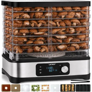 Yoer Dörrautomat Edelstahl, 15L, 450W, 6 Dörretage, 35-70°C, 4725 cm2 | 24h Timer, LED-Anzeige, Dehydrator, Pilze, Beef jerky, Obst, Kräutertrockner, Müsliriegel, VitaSave FD01S