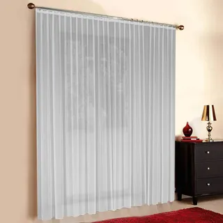 Weiße Gardine nach Maß, Store Webstore, Automatik Faltenband 1:2,5, 3er Falte, halbtransparent, Vorhang nach Maß, Gardinen nach Maß, maßgeschneidert, Höhe: 90 – 295cm (140cm Höhe x 350 cm Breite)