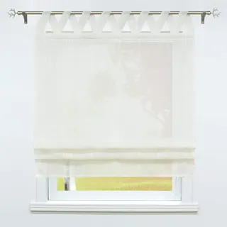 SCHOAL Raffrollo mit Schlaufen Halbtransparente Raffgardine Landhaus Schlaufenrollo Gardinen Leinen Streifen Muster 1 Stück BxH 80x140cm Beige #1
