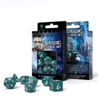 Q-Workshop Elfen Polyedrisches RPG Würfel Set Grün Mit Weißen Zahlen 7 Würfel