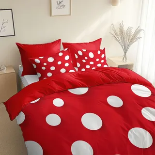 Generisch Wende Bettwäsche Rot-Weiße Punkte Bettbezug 135 x 200 cm + 80 x 80 cm Rubinrot Weich 2 teiligs Atmungsaktiv Microfaser Betten Set mit Reißverschluss