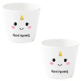 Eierbecher Set lustig Einhorn weiß Porzellan mit Gesicht *Happy* 2 Stück im Geschenk Karton