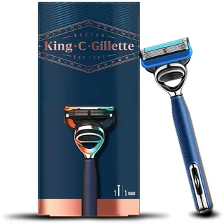 King C. Gillette Nassrasierer Herren, Rasierer + 1 Rasierklinge mit 5-fach Klinge, Marineblau, Geschenk Männer